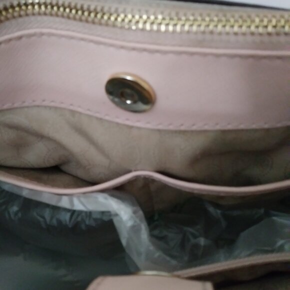 Michael Kors Satchel Bag Purse Double Handle Logo Charm Pink/Tan - Picture 7 of 16
